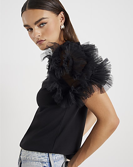 Black Short Ruffle Sleeve Top