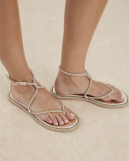 Gold Embellished Twist Strappy Sandals