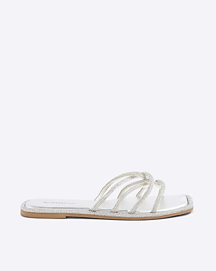 Silver Embellished Twist Strap Mule Sandals