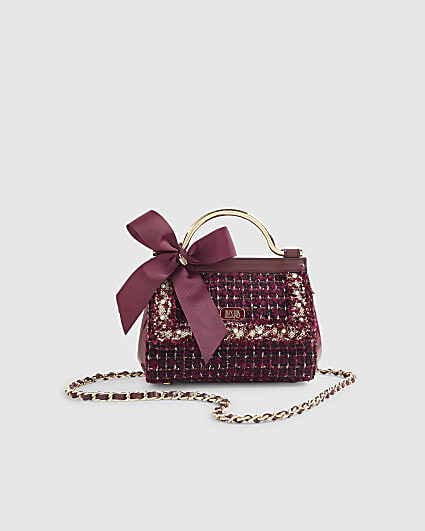 Red Boucle Bow Metal Handle Tote Bag