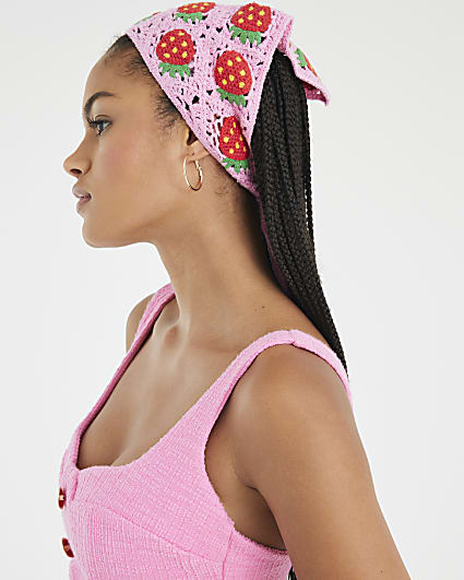 Pink Strawberry Print Crochet Bandana
