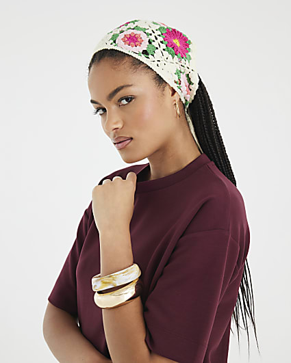 White Floral Print Crochet Bandana