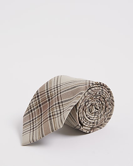 Beige Check Print Tie