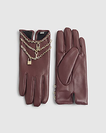 Red Faux Leather Chain Charm Gloves