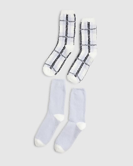 Blue Fluffy Check Print 2 Pack Socks