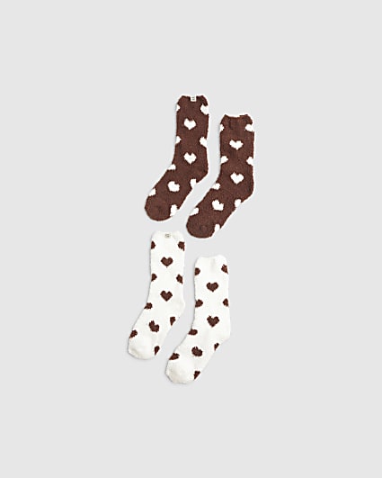 Brown Fluffy Heart 2 Pack Socks