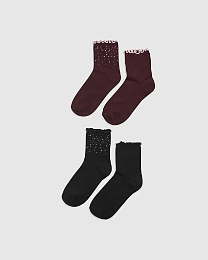 Black 2 Pack Diamante Embellished Frill Socks