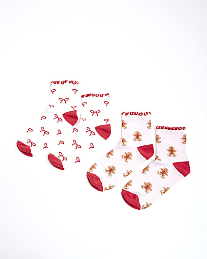 Pink 2 Pack Bow And Gingerbread Socks