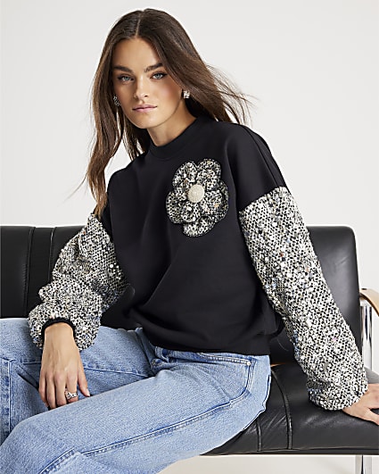 Black Long Sleeve Boucle Trim Sweatshirt