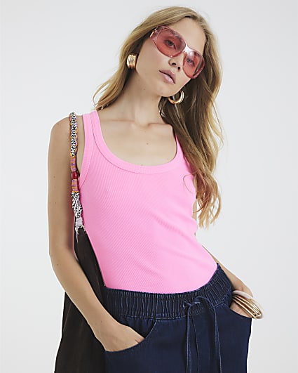 Pink Sleeveless Ribbed Tank Top