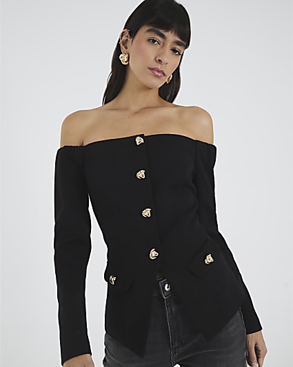 Black Long Sleeve Bardot Button Top