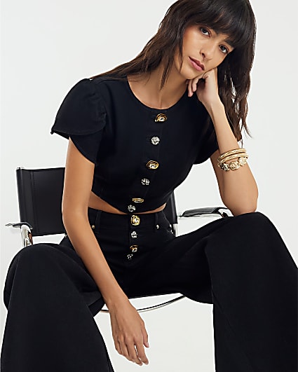 Black Denim Button Up Crop Top