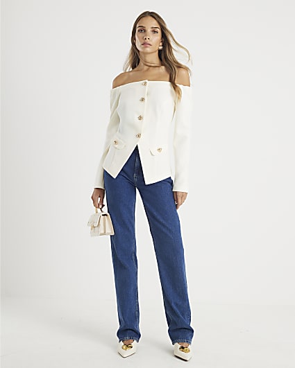 Cream Long Sleeve Bardot Button Top
