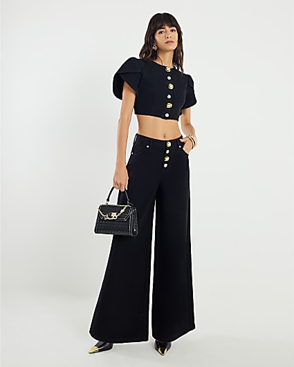 Black Embellished Button Front Palazzo Jeans