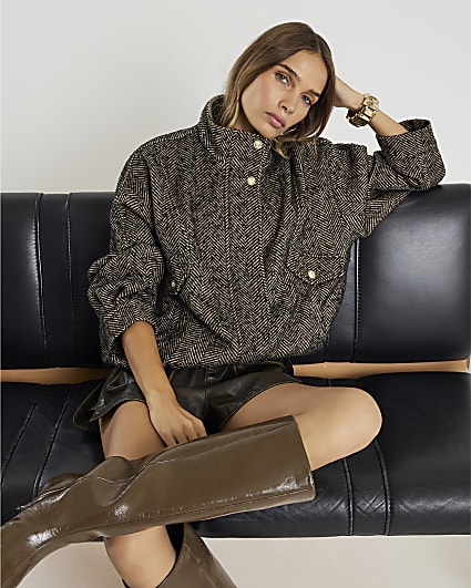 Brown Herringbone Faux Wool Bomber Jacket