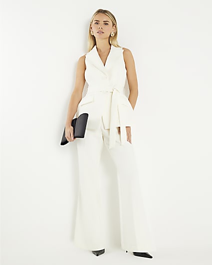 Petite Cream Contrast Waistcoat Jumpsuit