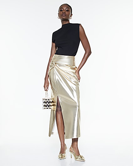 Gold Faux Leather Twist Side Midi Skirt