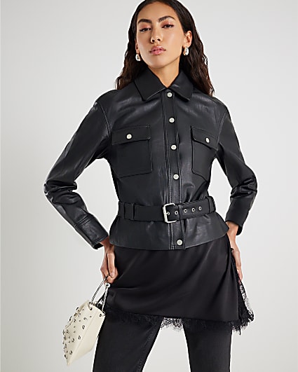 Black Leather Belted Long Sleeve Shirt
