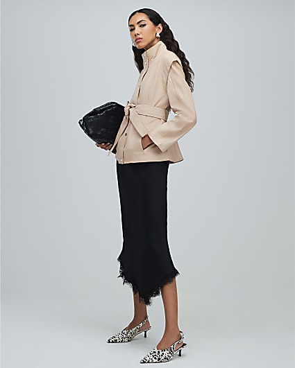 Pink Belted Funnel Neck Leather Jacket