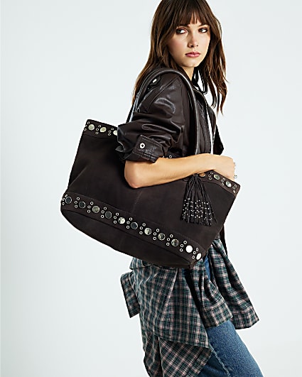 Brown Suede Panelled Slouch Bag