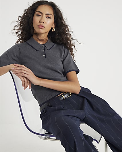 Grey Knitted Tipped Polo Top