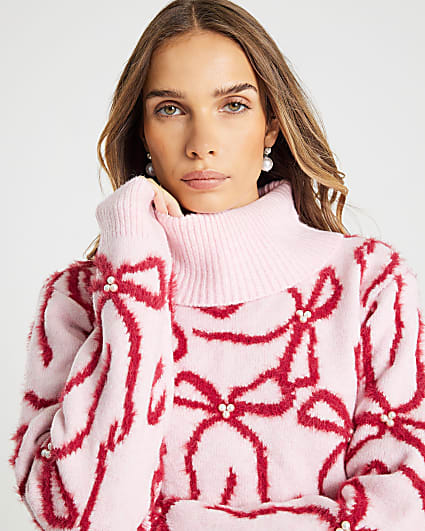 Pink Roll Neck Bow Pearl Jumper