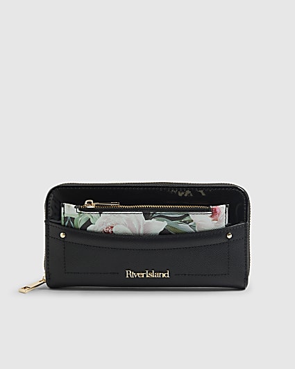 Black Floral Pocket Zip Around Purse