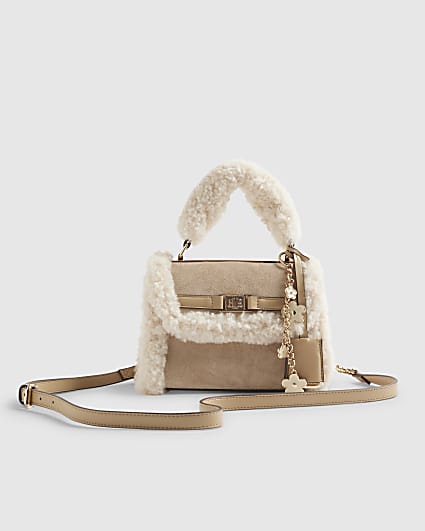 Beige Mini Borg Tote Cross Body Bag
