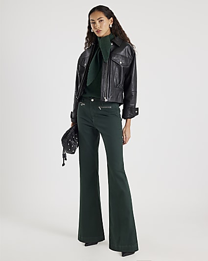 Green Zip Front Relaxed Flare Jeans