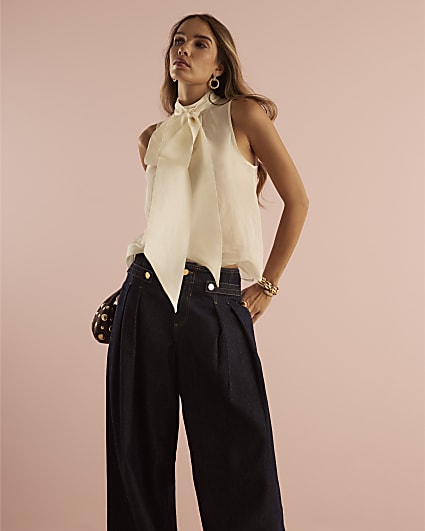 Cream Sheer Pussybow Neck Tie Blouse