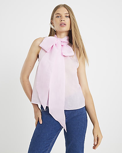 Pink Pussybow Neck Tie Blouse