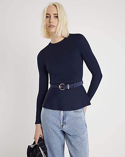 Navy Knitted Long Sleeve Belted Peplum Top