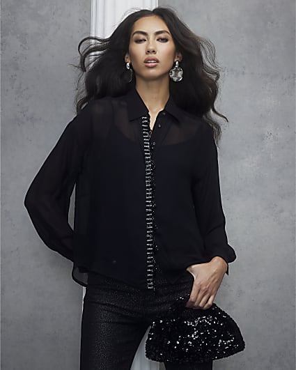 Black Embellished Trim Chiffon Shirt