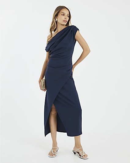 Navy Asymmetrical Drape Wrap Midi Dress