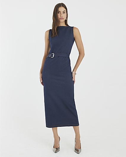 Blue Denim Twill Belted Midi Dress