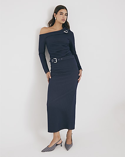 Blue Denim Belted Midi Skirt