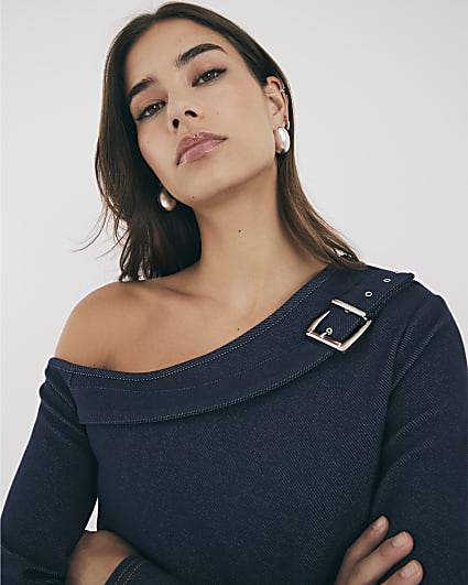 Blue Denim Long Sleeve Asymmetric Belted Top