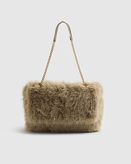 Brown Logo Faux Fur Shoulder Bag