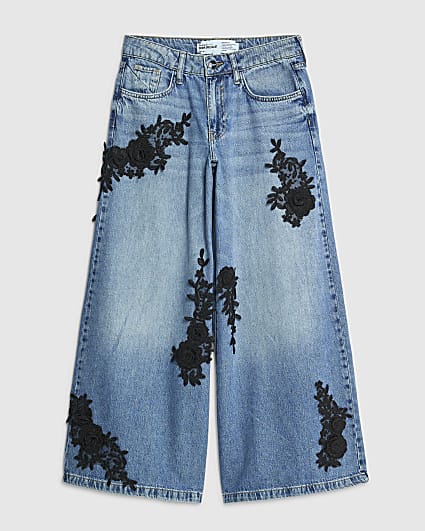Petite Blue Baggy Fit Orchid Applique Jeans