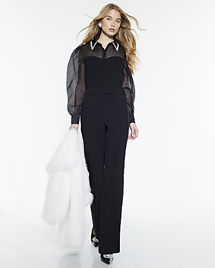 Black Embellished Collar Hybrid Knit Top