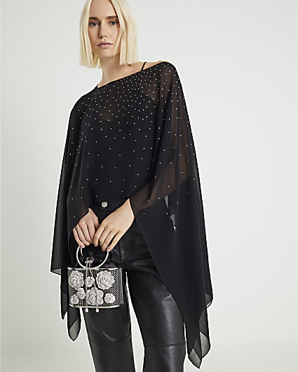 Black Diamante Embellished Waterfall Cape