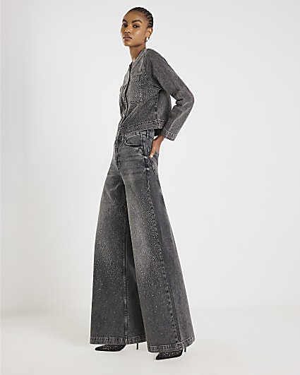 Grey High Rise Embellished Wide Leg Jeans
