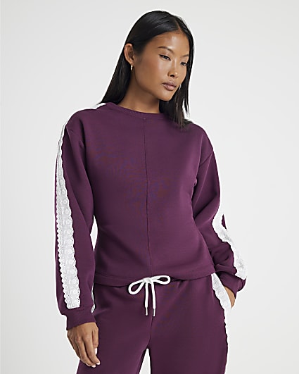 Petite Red Long Sleeve Lace Trim Sweatshirt