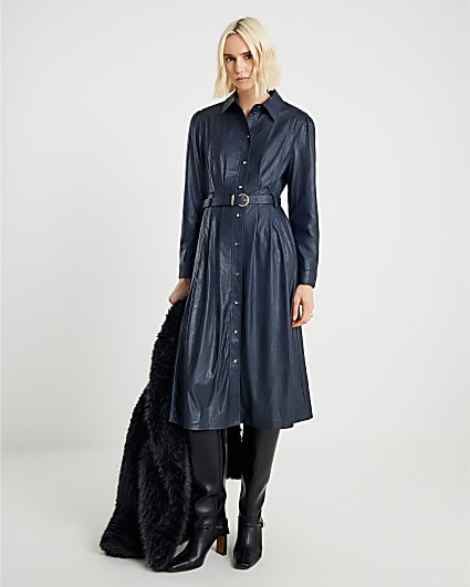 Navy Faux Leather Collared Midi Dress