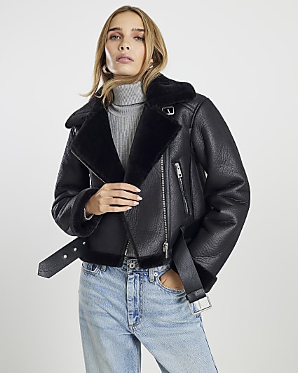 Black Belted Crop Aviator Jacket