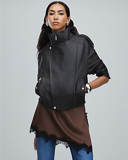 Brown Funnel Neck Leather Bomber Jacket