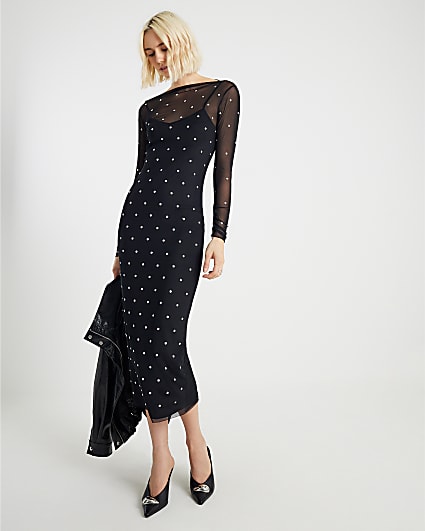 Black Mesh Long Sleeve Studded Midi Dress