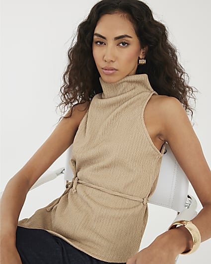 Brown Textured Tie Waist Top