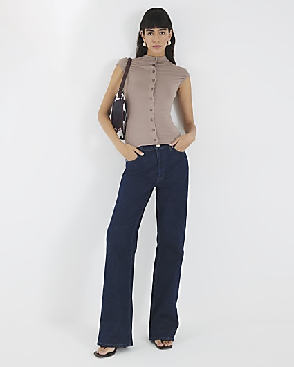Brown Button Up High Waisted Top
