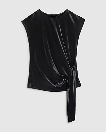 Petite Black Velvet Short Sleeve Tie Side Top